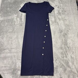 Forever 21 Women's Navy Blue Midi Dress Side Button Short Sleeve Stretch Size M